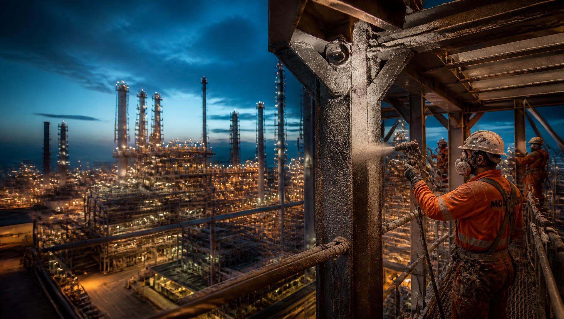 Fireproofing applied to structural steel at an industrial refinery