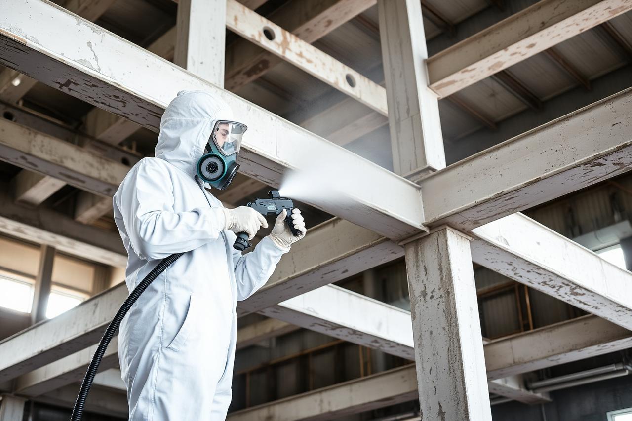 Applicator spraying cementitious fireproofing onto structural steel